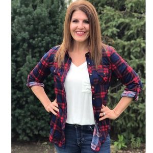 Navy & Red Plaid Button Down Top